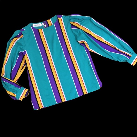 Vintage 90's Turquoise Rainbow Stripe Blouse - Picture 3 of 12